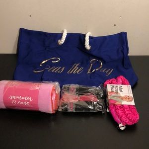Trina Turk tote, yoga towel, jump rope, mat strap